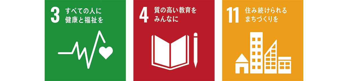 3すべての人に健康と福祉を、4質の高い教育をみんなに、11住み続けられるまちづくりを