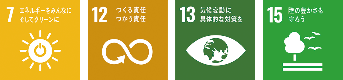 7エネルギーをみんなにそしてクリーンに、12つくる責任つかう責任、13気候変動に具体的な対策を、15陸の豊かさも守ろう